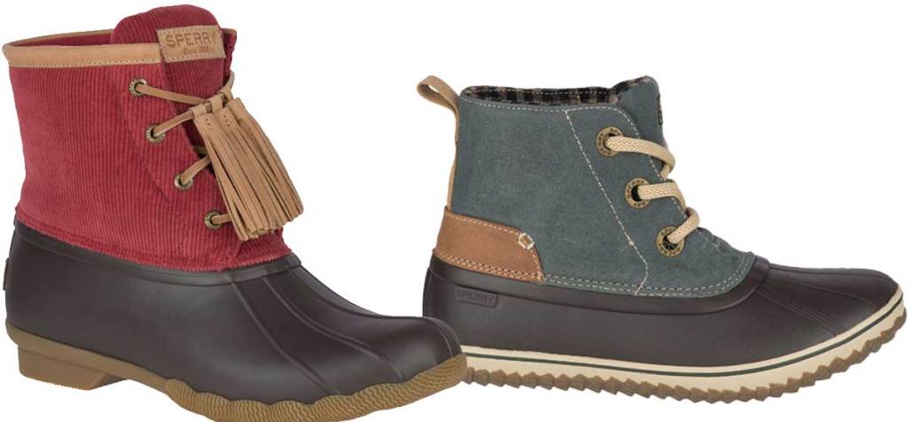 women's duck boots in red and blue