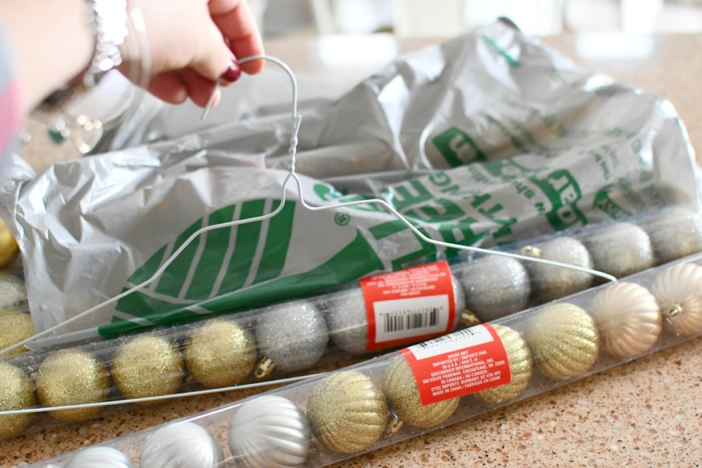 wire hanger and dollar tree ornaments