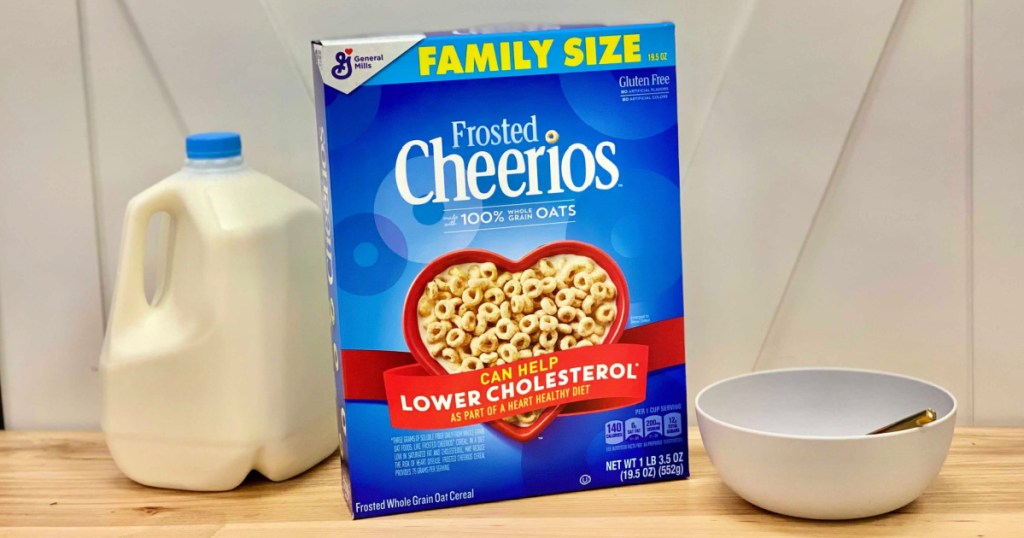 Frosted Cheerios Family Size Box with milk and bowl