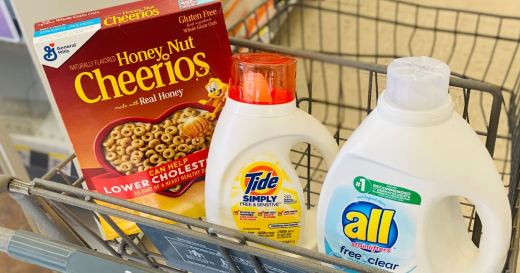 cereal and laundry detergent in cart 