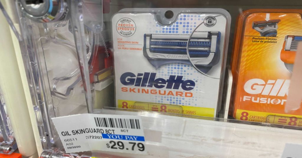 Razor blade refills on shelf 