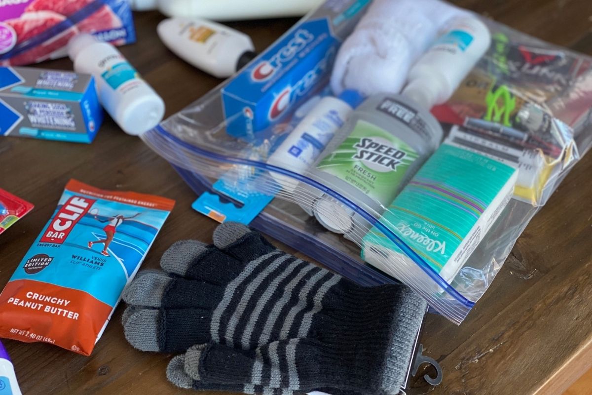 A ziploc bag filled with toiletries and other items