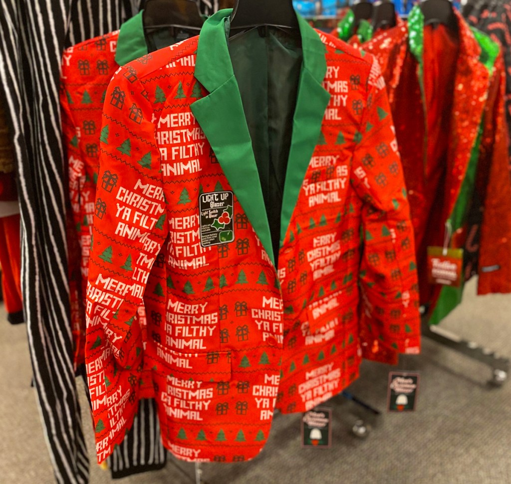 red and green men's christmas blazer that says merry christmas ya filthy animal allover