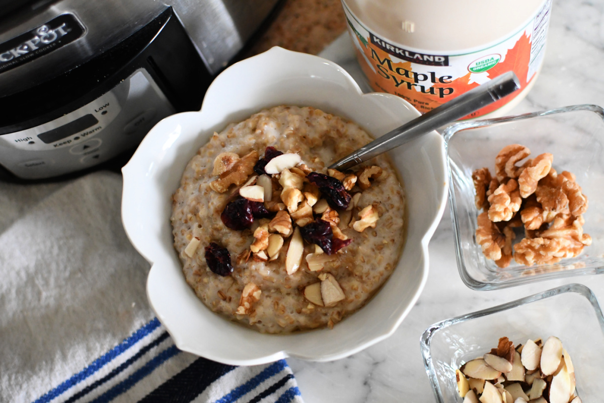 A bowl of slow cooker oatmeal made with steel cut oats