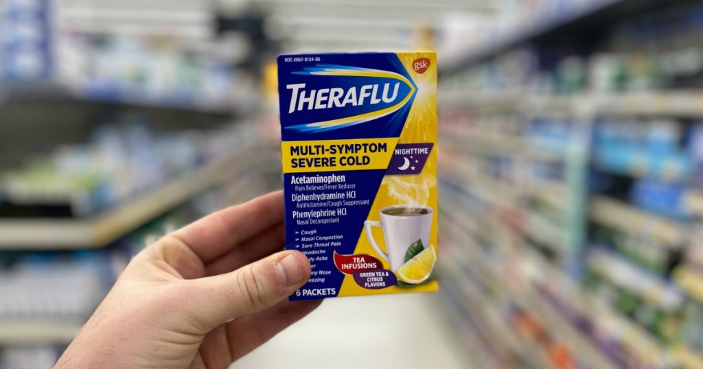 Person holding up Theraflu Severe Cold in store