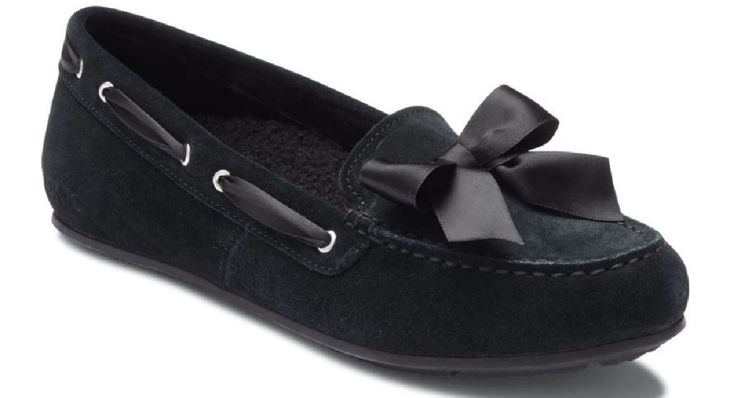 women's black suede slipper with bow