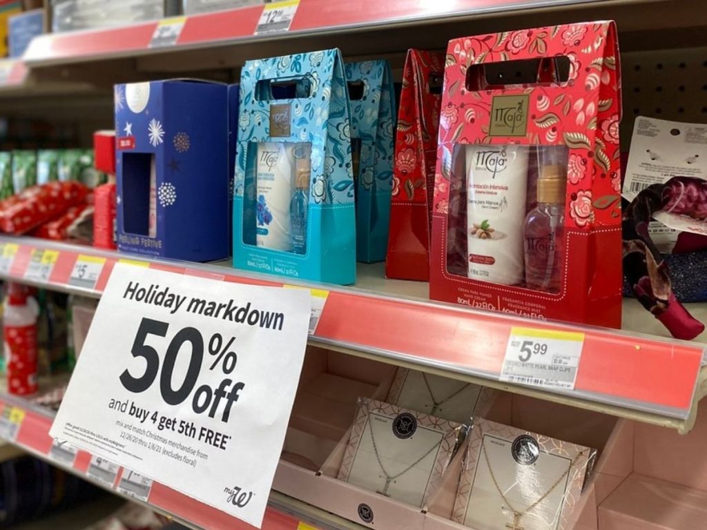 Holiday personal care gift sets on shelf at walgreens 