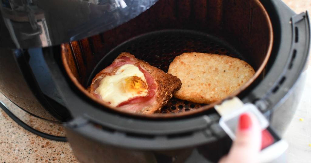 frozen hashbrown patty and egg with bacon toast in the air fryer