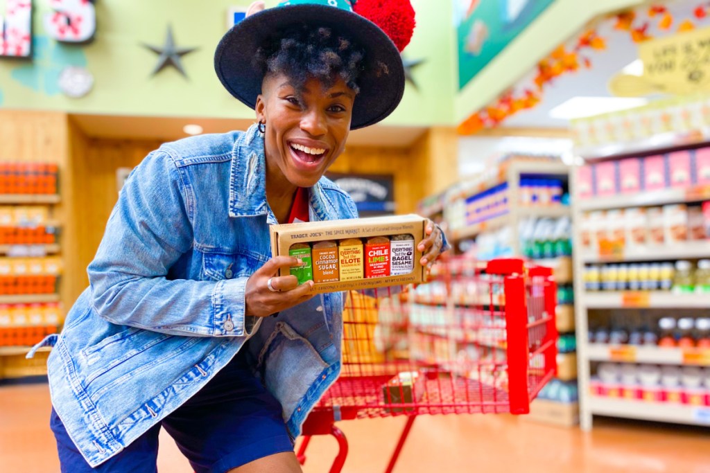 woman holding trader joe's spice pack