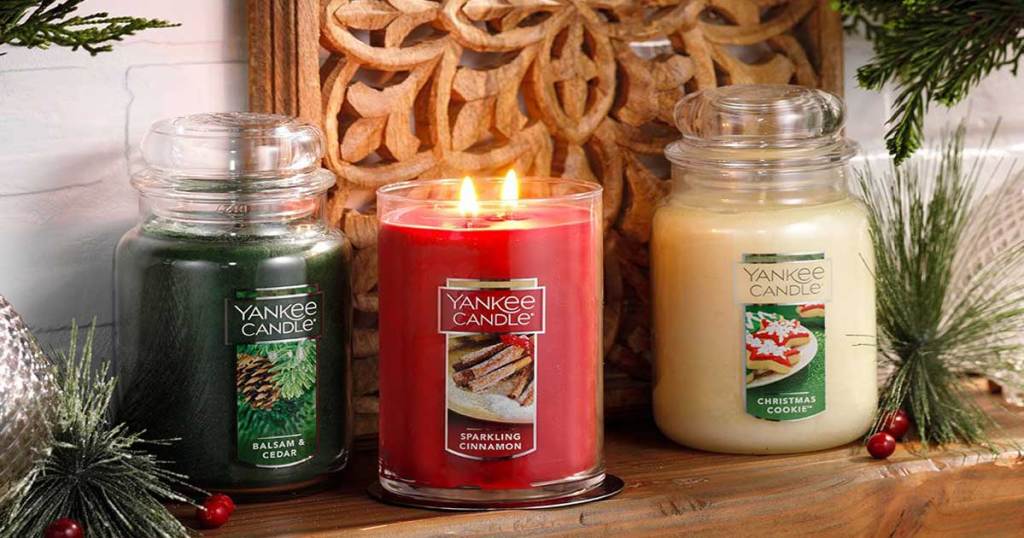 holiday candles in green red and white