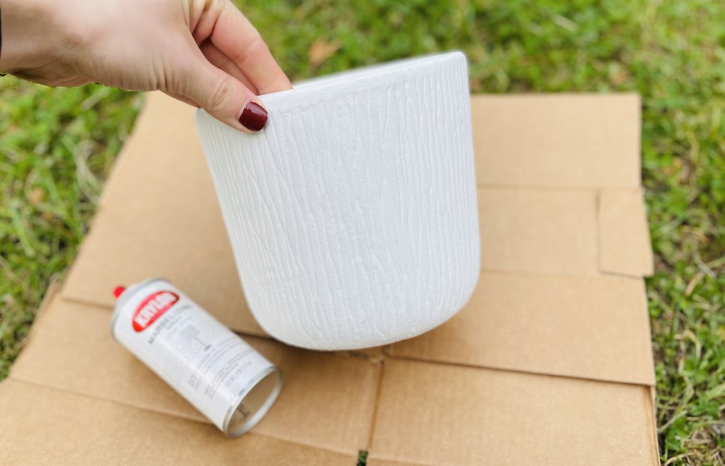 hand holding white planter