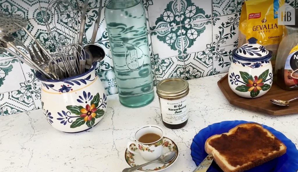 marble countertop with food and dishes