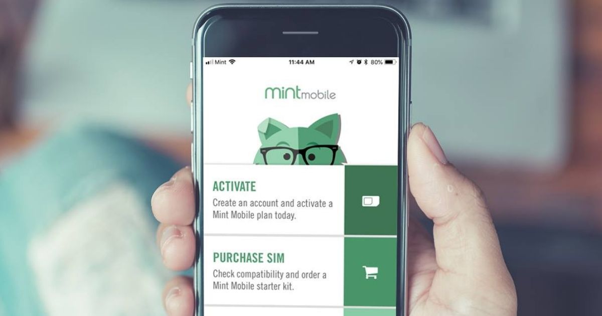 a hand holding a phone with the mint mobile app