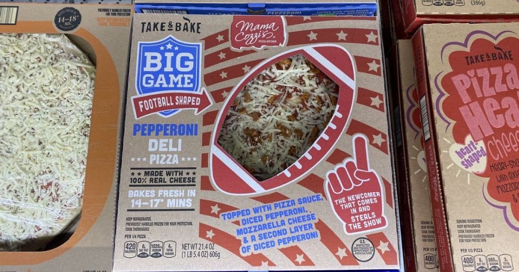 ALDI Pepperoni Football Pizza in the refrigerator case