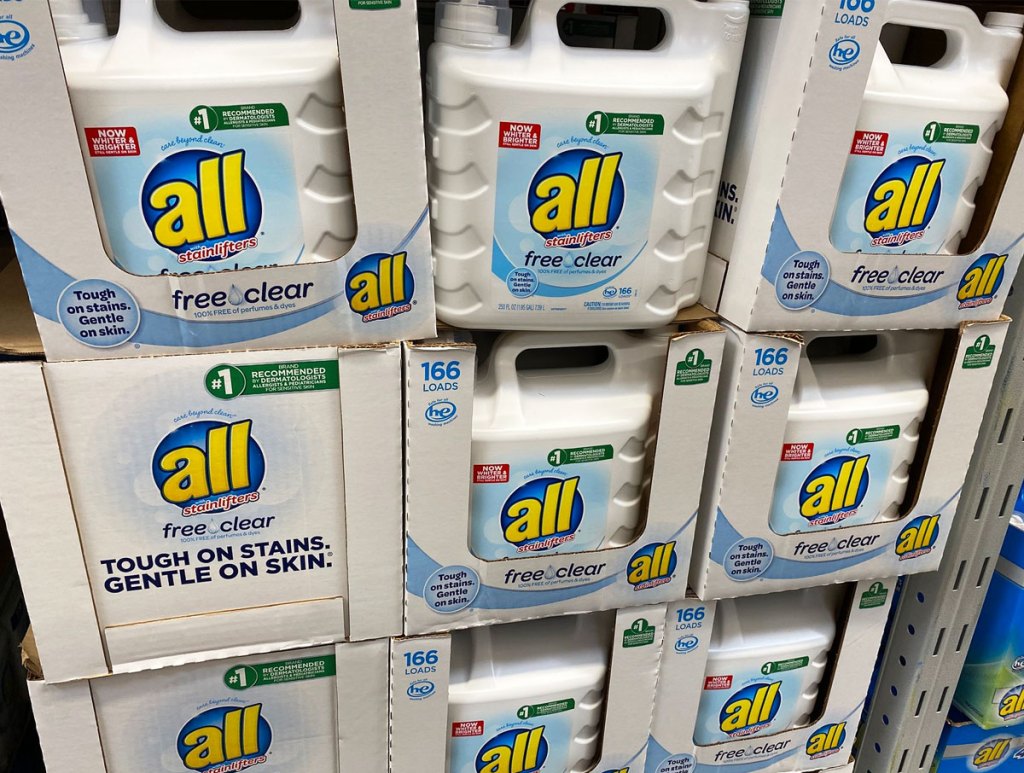 large white bottles of all laundry detergent at sams club