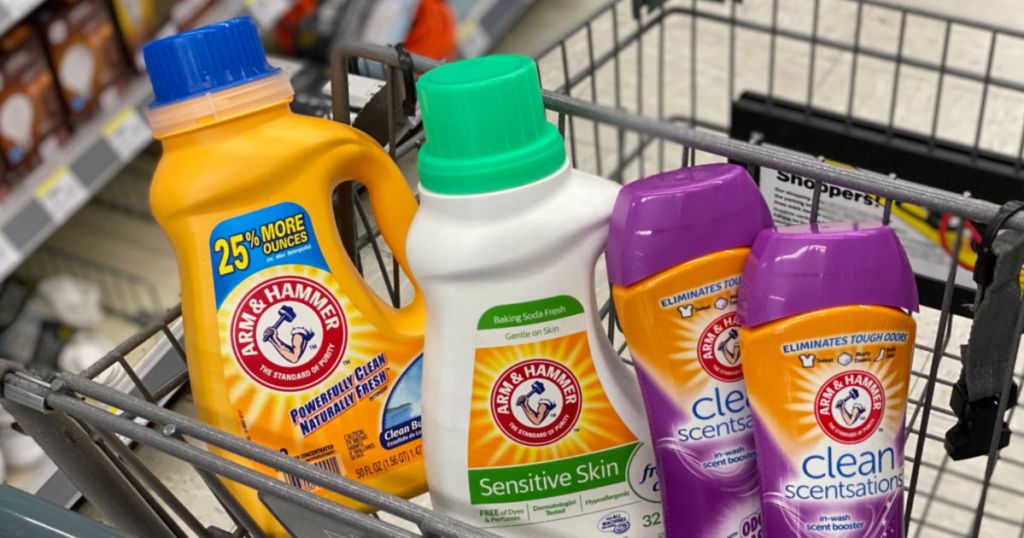 laundry detergent and fabric refresher in cart