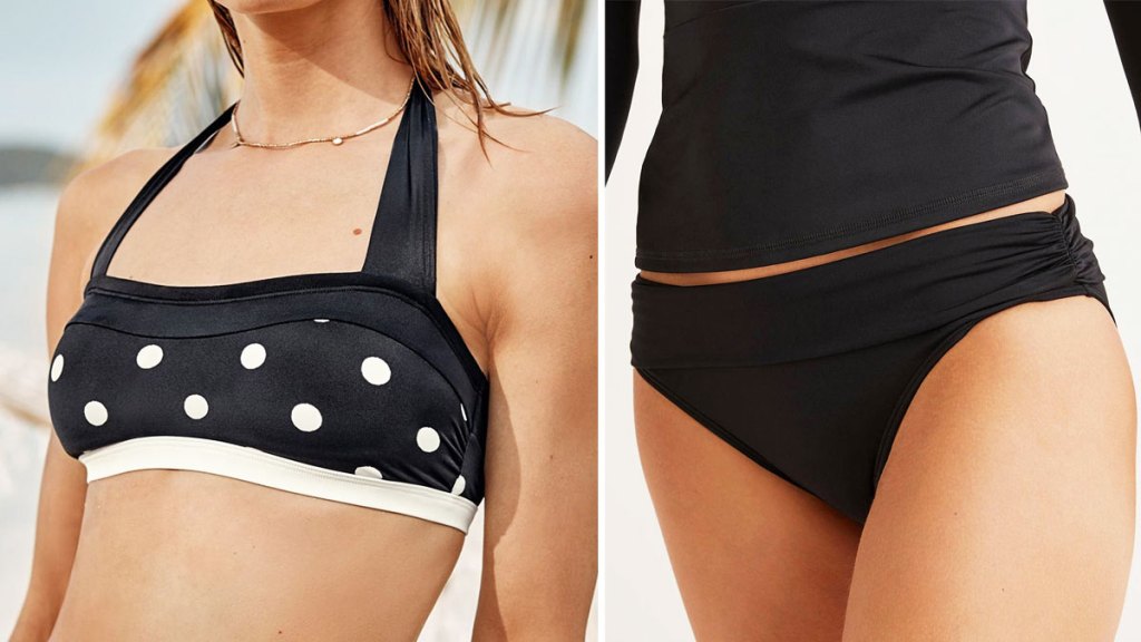 women modeling black and white polka dot swim top and solid black swim bottoms