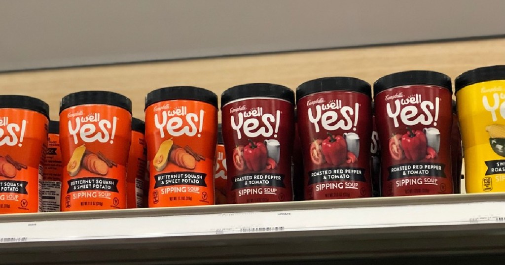 campbell's well yes! soup on store shelf