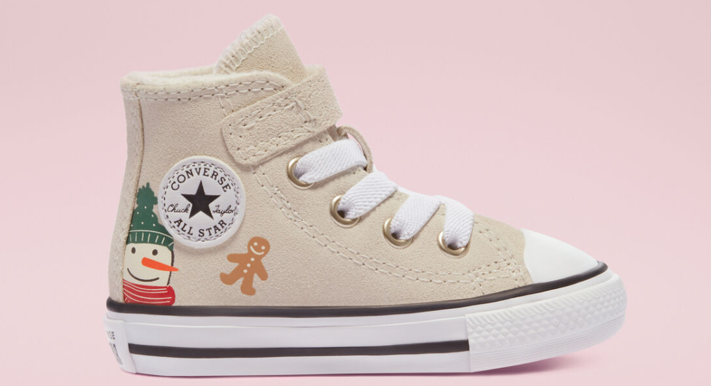 canvas shoe with a snowman and gingerbread man on it