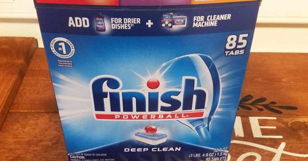 blue box of finish powerball dishwasher tablets