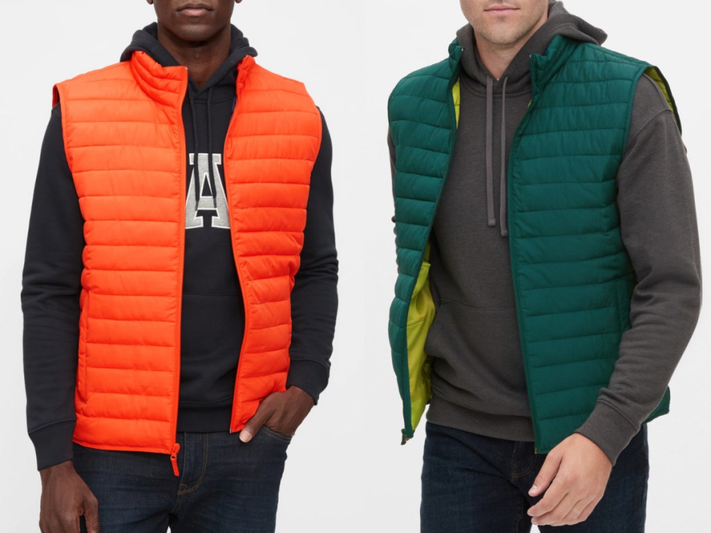 2 men wearing gap puffer vests