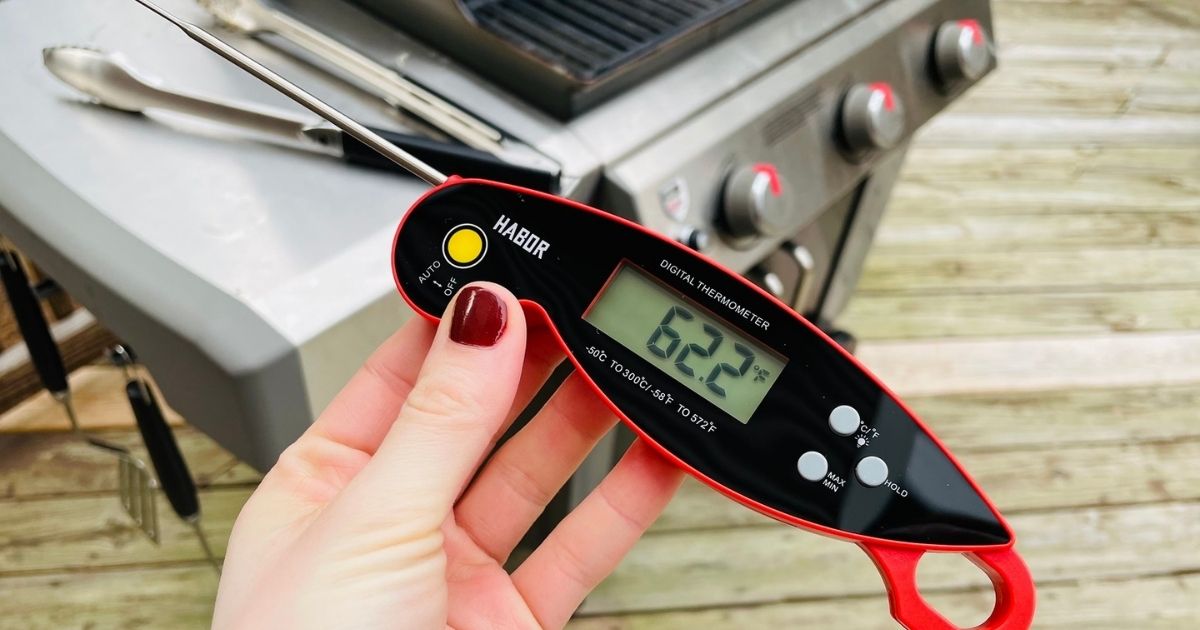 woman holding a food thermometer