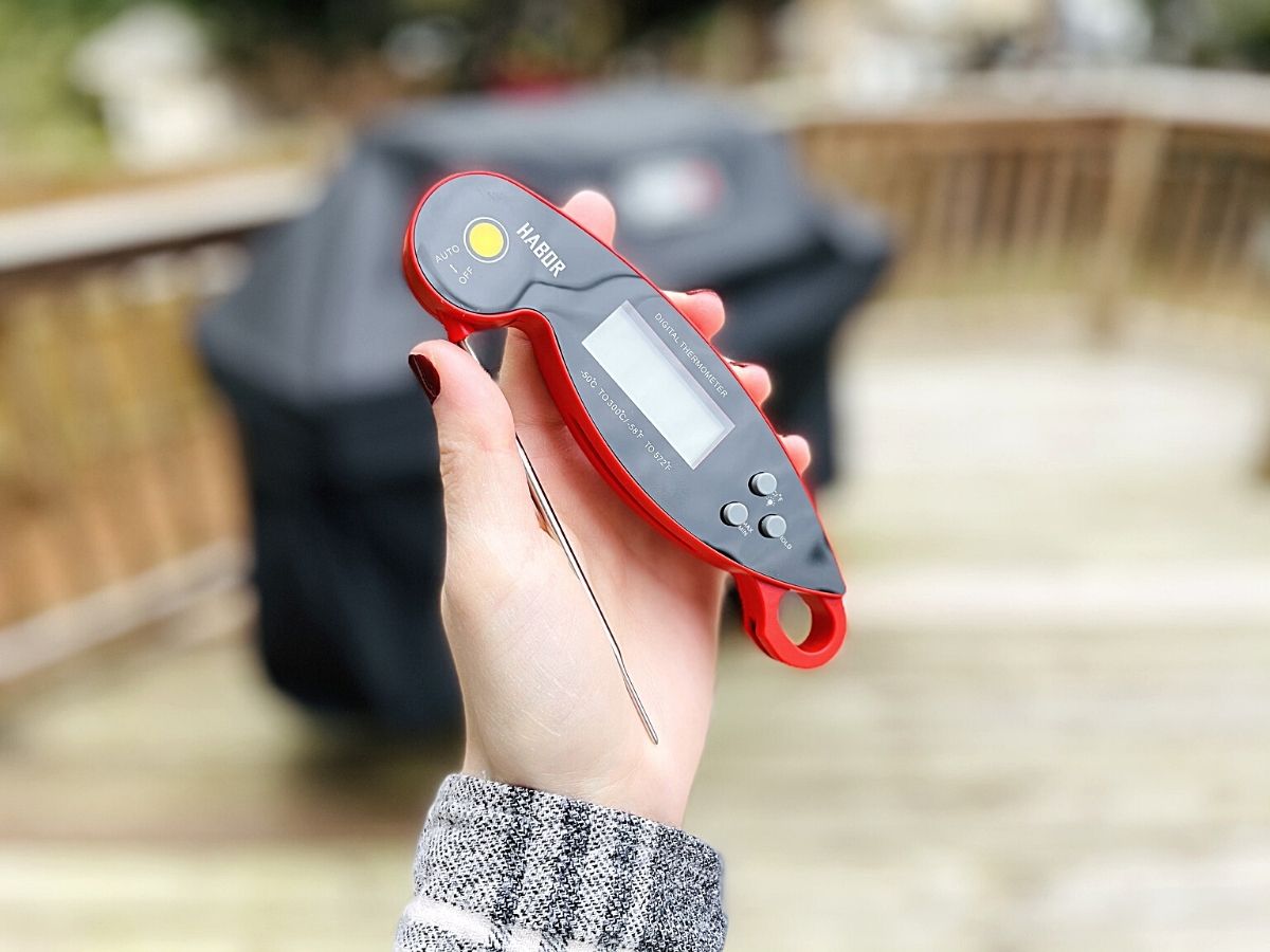 woman holding meat thermometer in front of covered grill