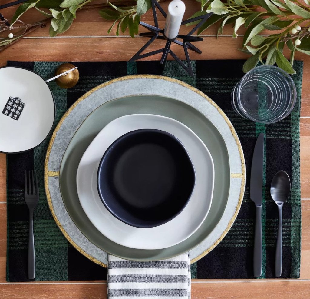 table setting with Hearth & Hand with Magnolia Galvanized Metal Plate Charger with Gold Welding