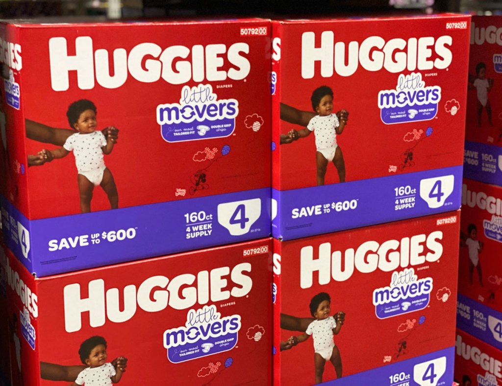 red and purple boxes of huggies little movers diapers at sam's club