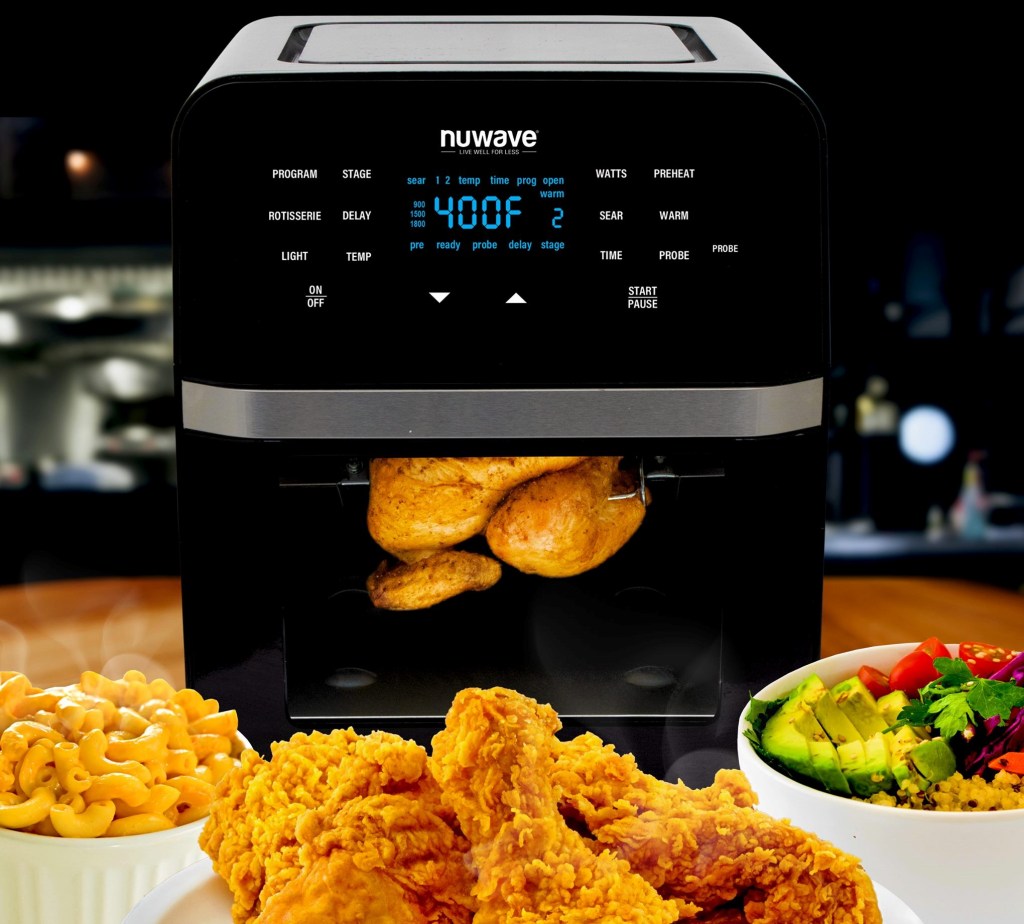 Nuwave Brio air fryer oven surrounded by food