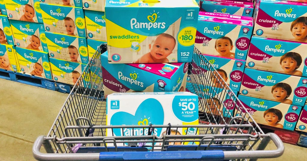 boxes of pampers diapers and wipes in a sam's club shopping cart