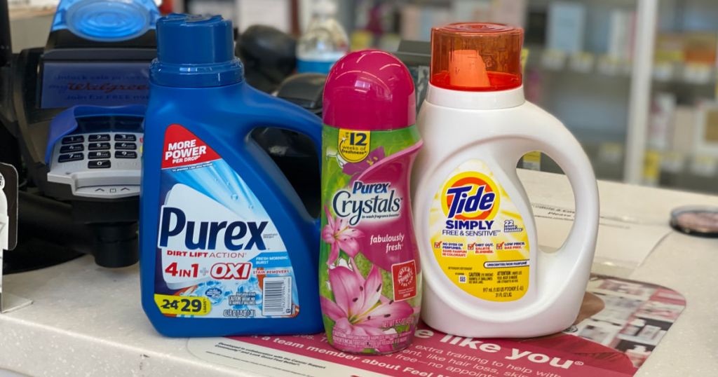 detergent and fabric softener on shelf 