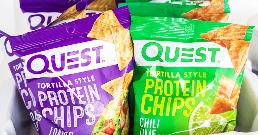 purple and green bags of quest protein tortilla chips