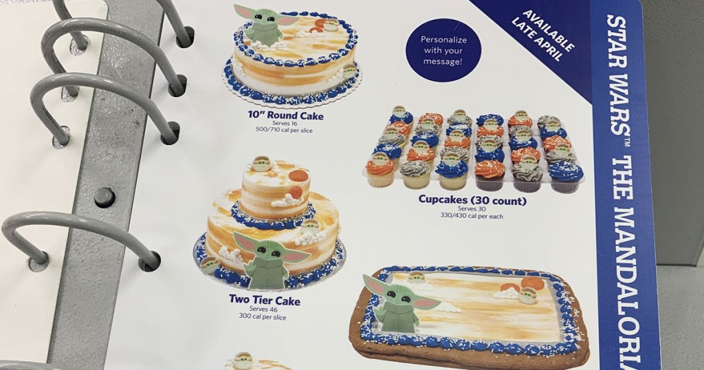 baby yoda themed cakes and cupcakes in cake selection book at sam's club bakery