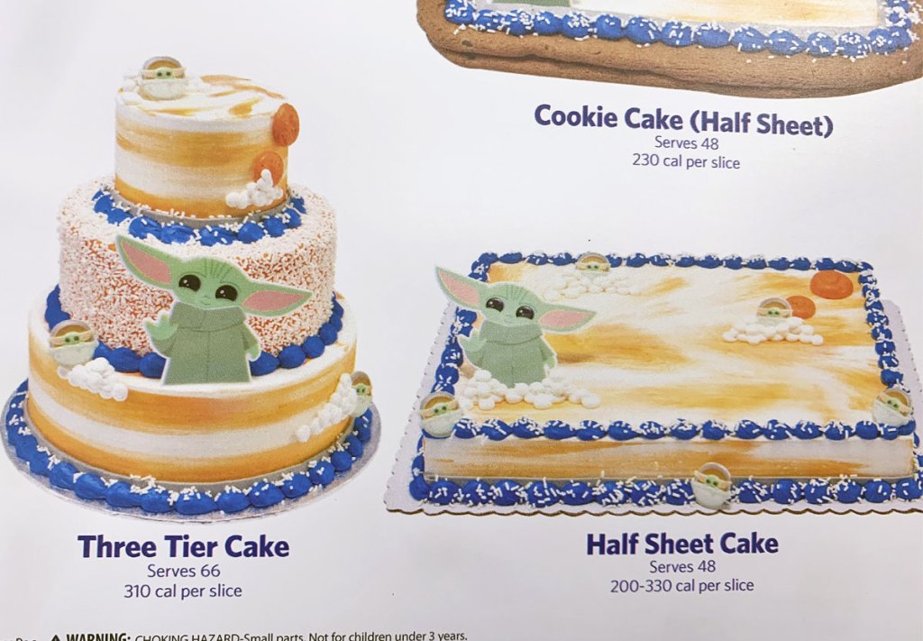 three-tier and half sheet cakes decorated with baby yoda