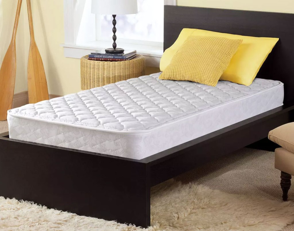 twin size mattress on a black bed frame in a bedroom