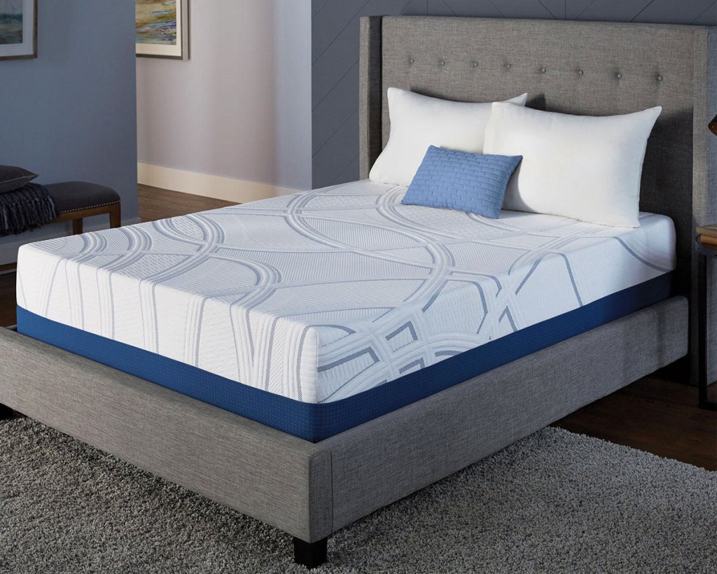 swirled memory foam mattress on a grey bed frame inside a bedroom