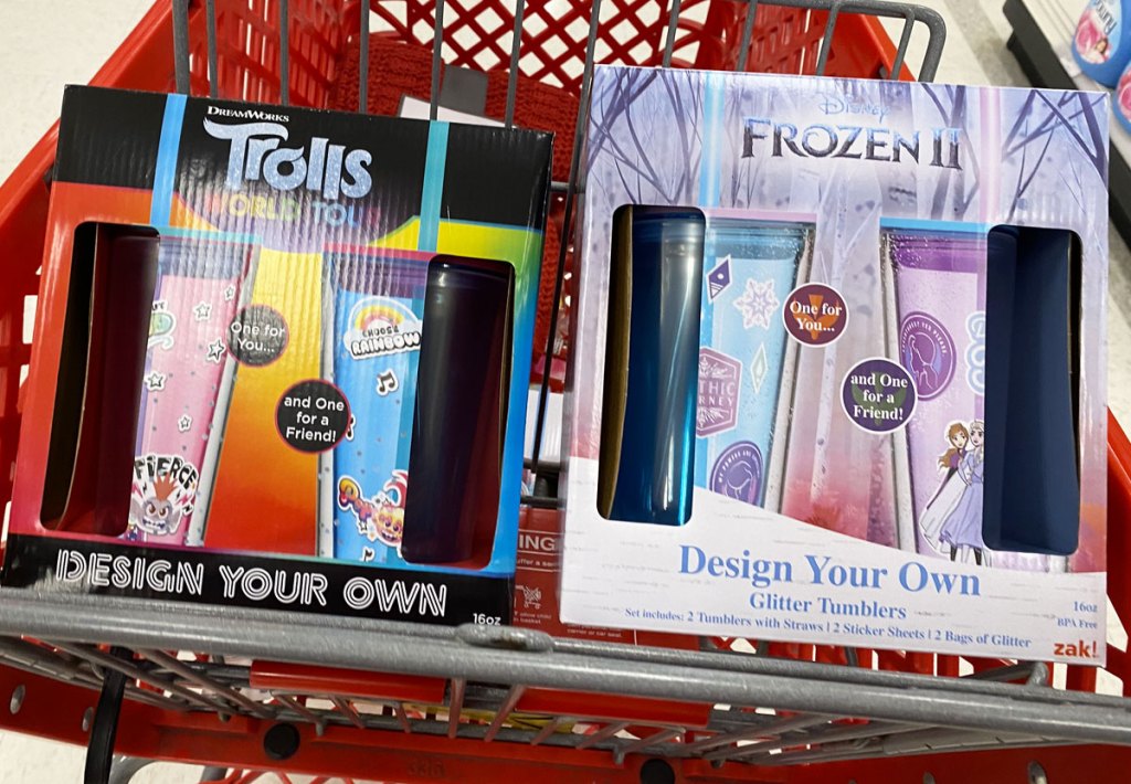 trolls and disney frozen themed tumbler cup 2-packs in a red target shopping cart