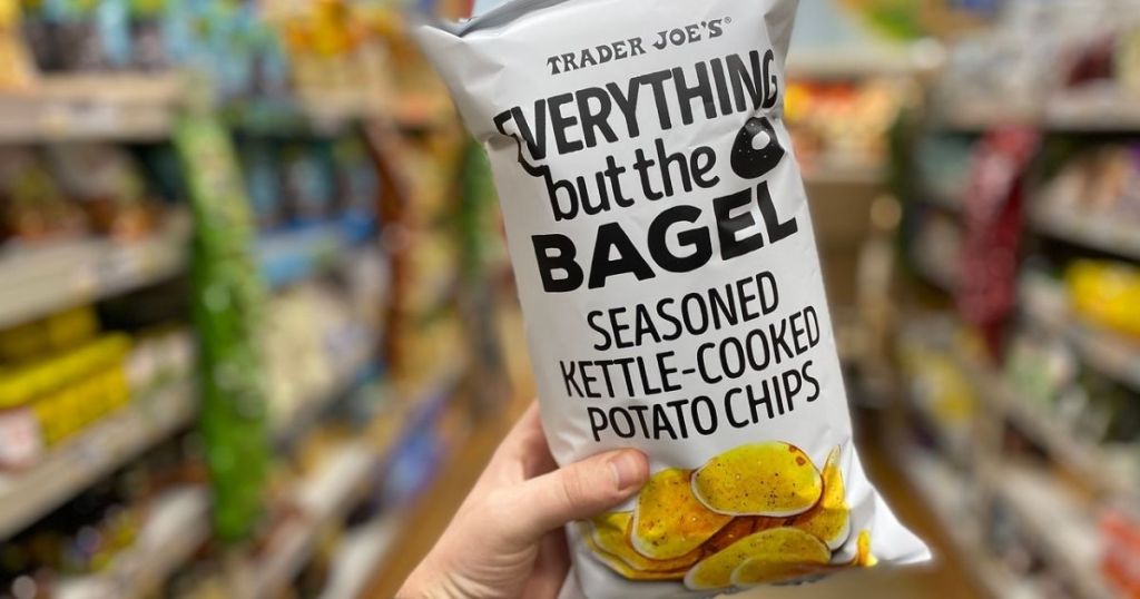 hand holding Trader Joe's EBTB Kettle Chips