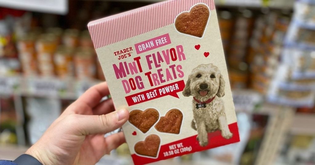 hand holding a box of Trader Joe's Grain Free Mint Flavor Dog Treats