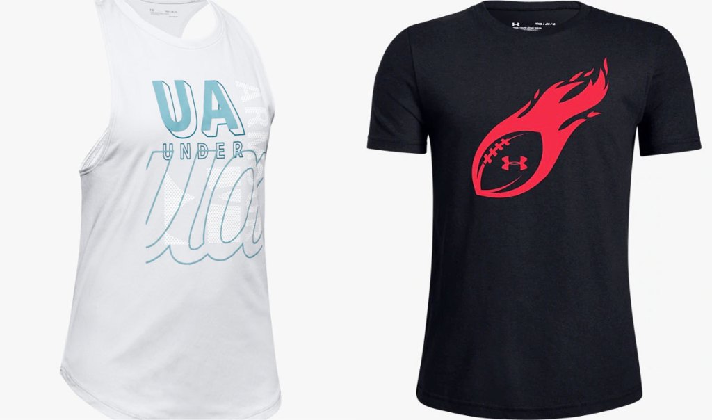 girls white under armour tank top and boys black under armour football shirt