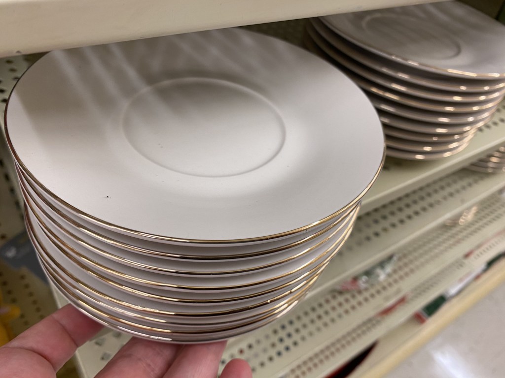 White and Gold Saucer on Hobby Lobby Shelf