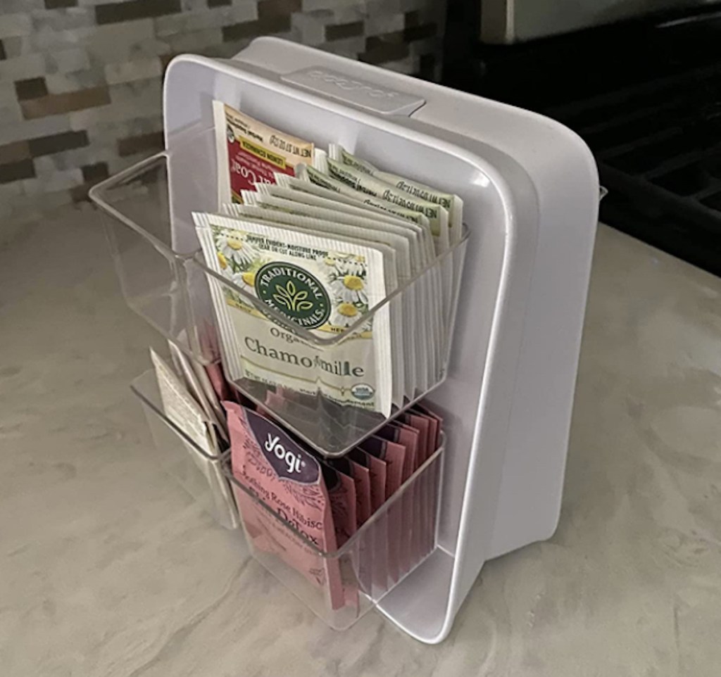 tea bags organized in stand up plastic organizer on counter