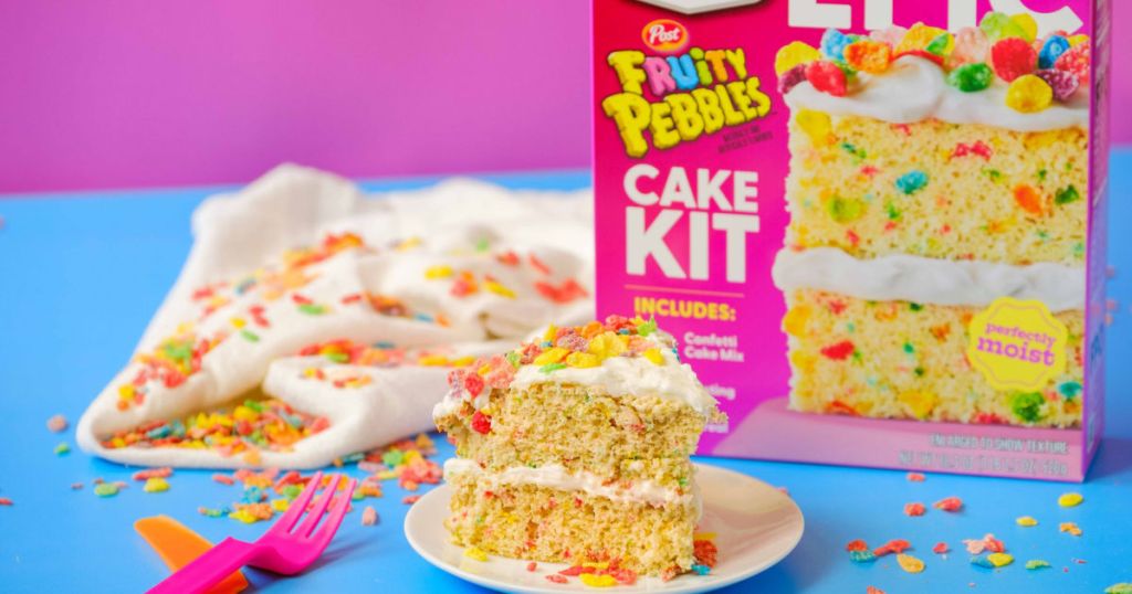 Fruity Pebbles cake next to box