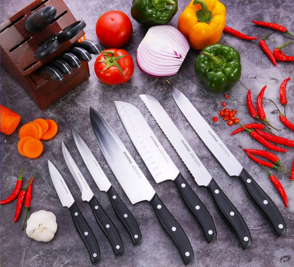 kitchen knife set laid out on kitchen counter