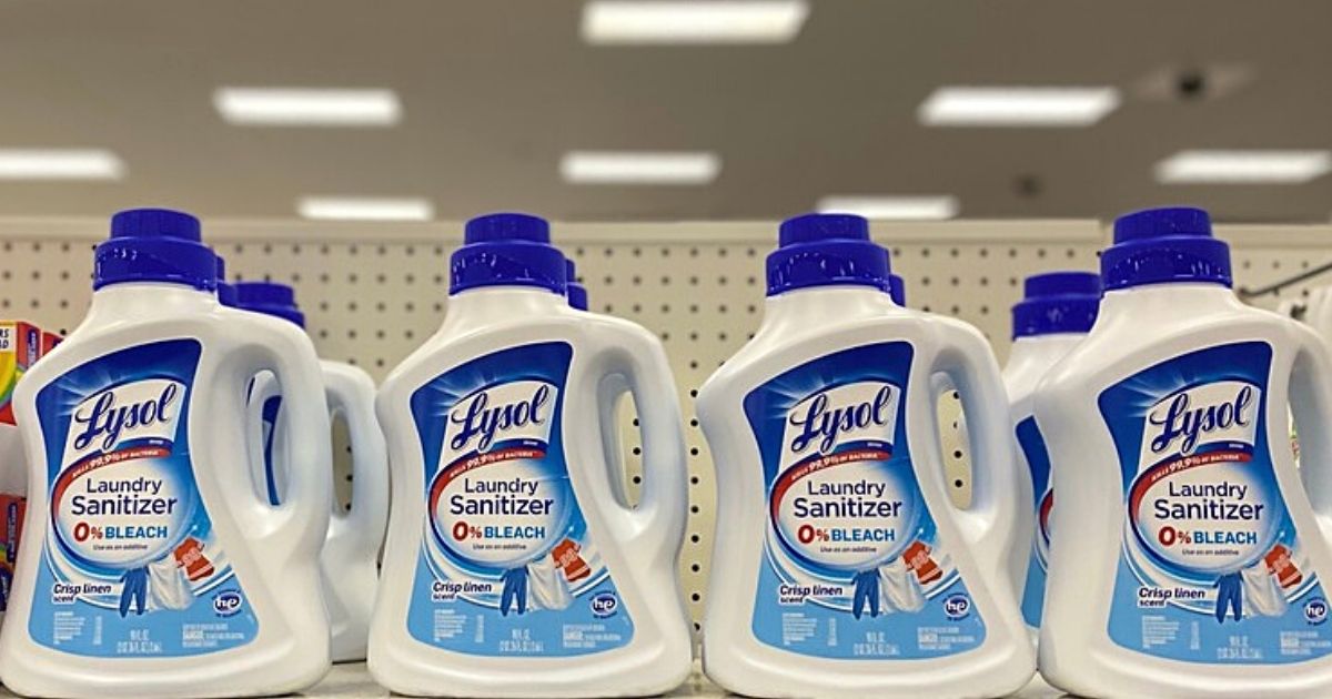 bottles of lysol laundry sanitizer on a store shelf