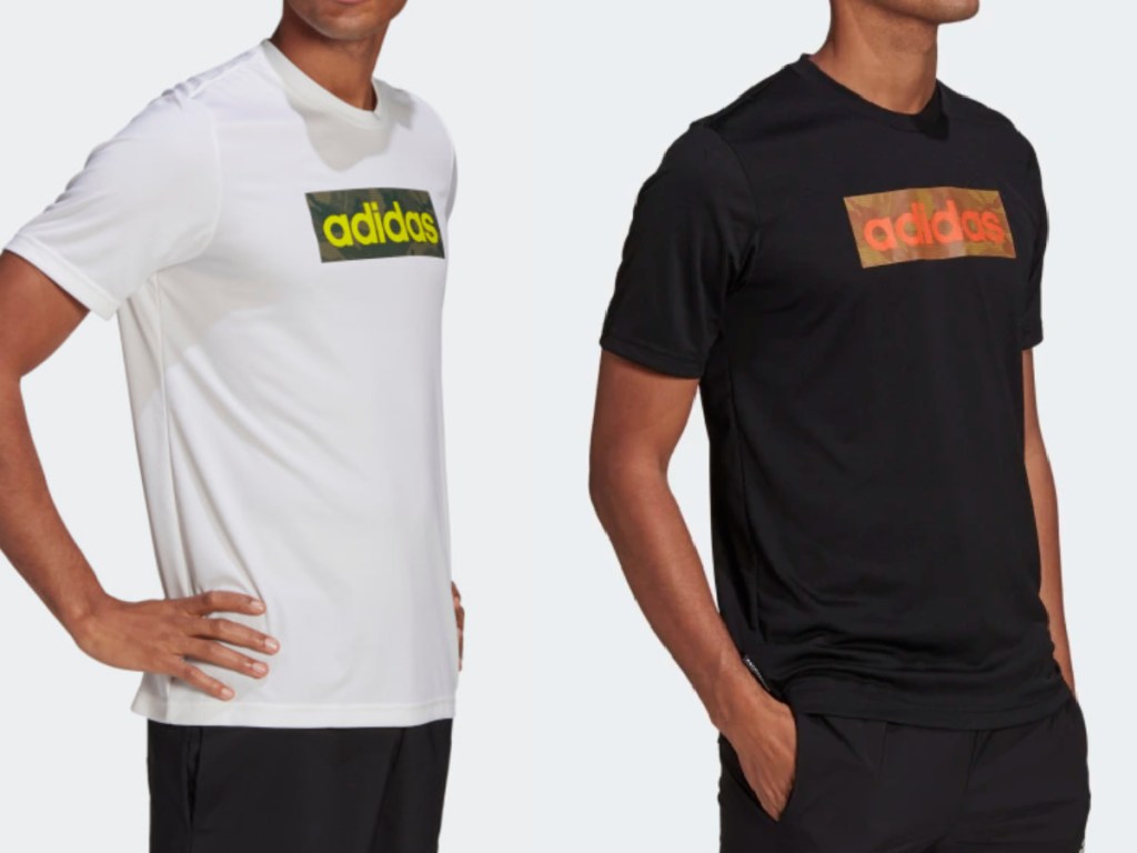 2 men wearing adidas graphic tees