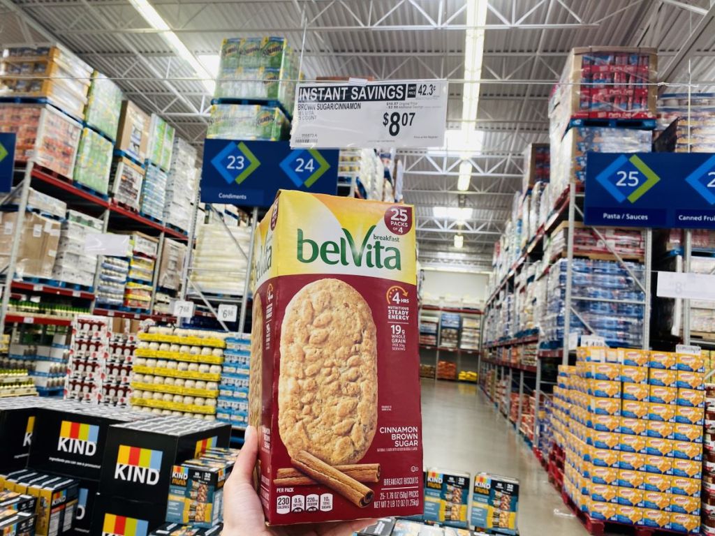 hand holding a box of Belvita Breakfast Biscuits Cinnamon Sam's Club