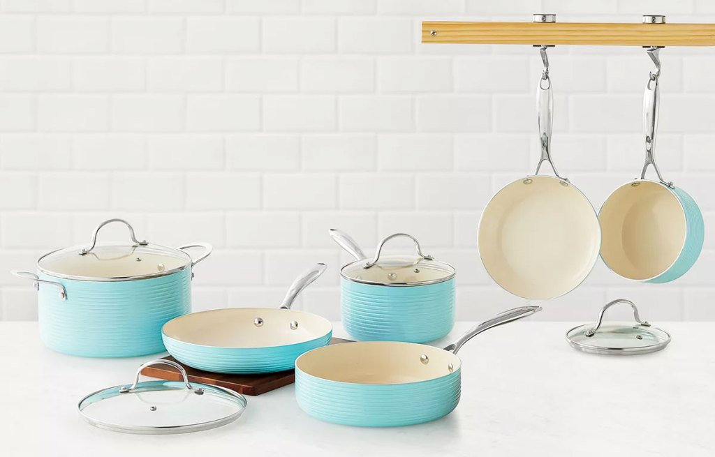 blue and white cookware set on a kitchen counter