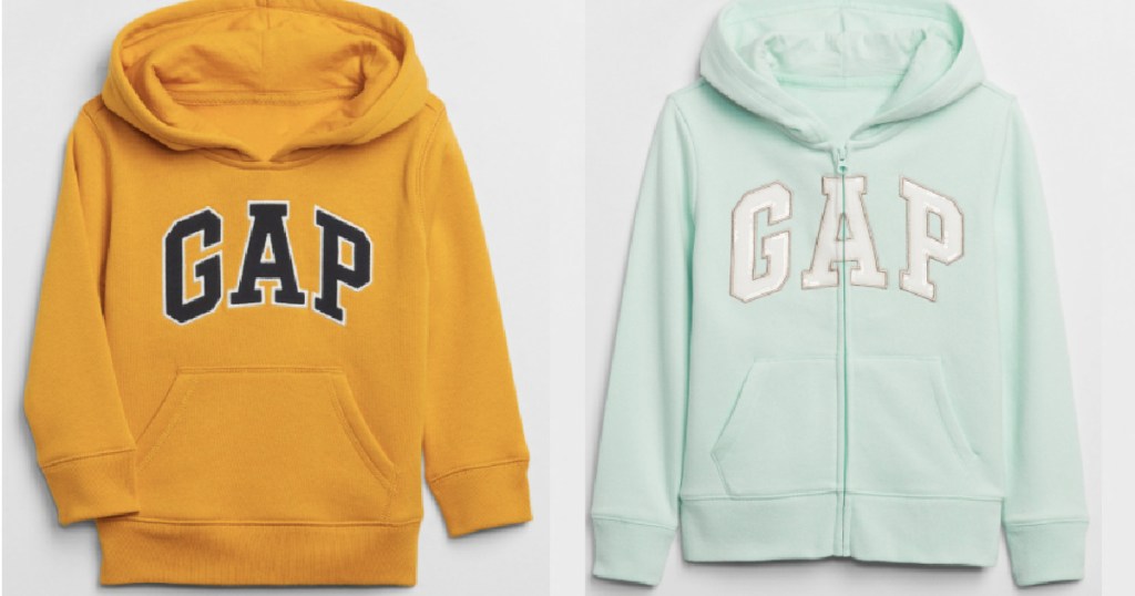 Gap hoodies next to each other in yellow and mint